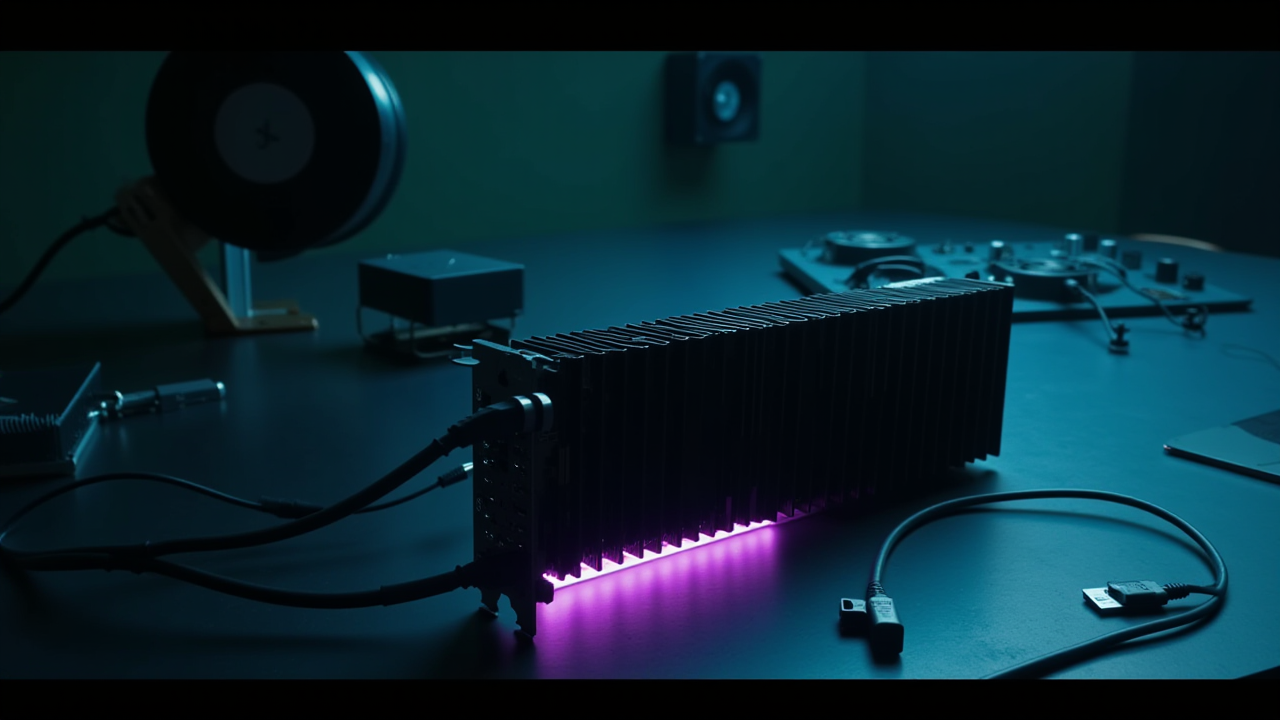 어두운 책상 위에 청자색 빛으로 빛나는 RTX GPU 카드와 주변 냉각 부품들, AI 영상 생성용 로컬 GPU 세팅을 상징하는 시네마틱 대표 이미지