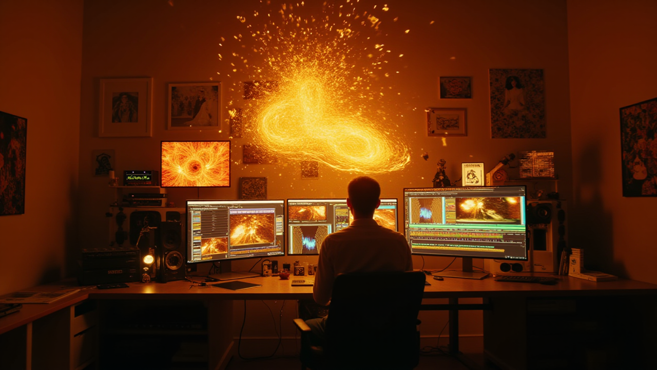 따뜻한 황금빛 조명 아래 모니터와 GPU 카드가 놓인 AI 영상 작업 스튜디오 책상의 광각 편집 컷