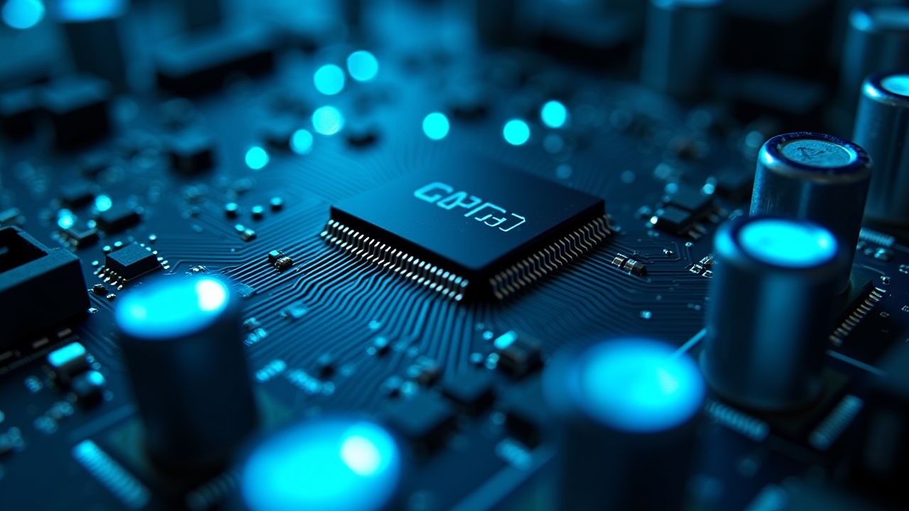 GPU 회로 기판 위 파란 빛이 흐르는 회로 패턴을 극단적으로 클로즈업한 추상 이미지