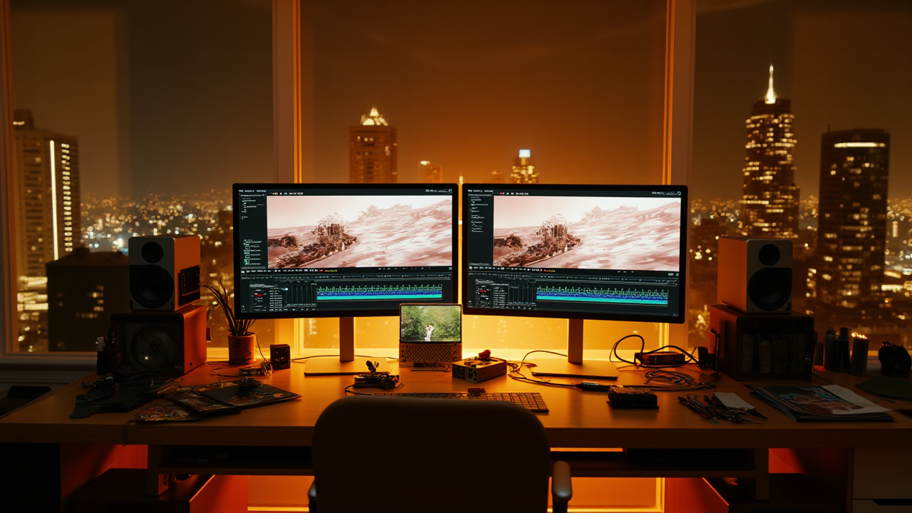 따뜻한 황금빛 조명 아래 듀얼 모니터와 GPU 카드가 놓인 크리에이티브 워크스테이션 책상, 도시 야경이 보이는 스튜디오 전경