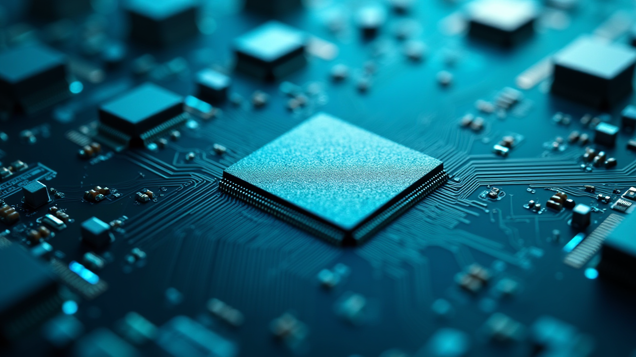 GPU 회로 기판 표면을 극단적으로 클로즈업한 차갑고 추상적인 매크로 사진 — AI 모델 최적화와 양자화 기술을 상징